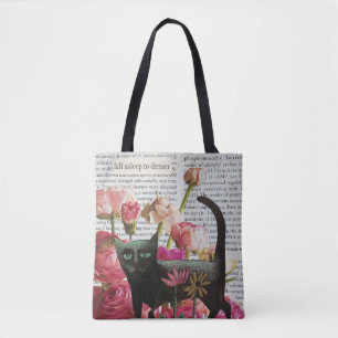 Fall Asleep to Dream Black Cat Hot Pink Flowers Tote Bag