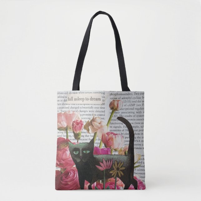 Fall Asleep to Dream Black Cat Hot Pink Flowers Tote Bag (Front)
