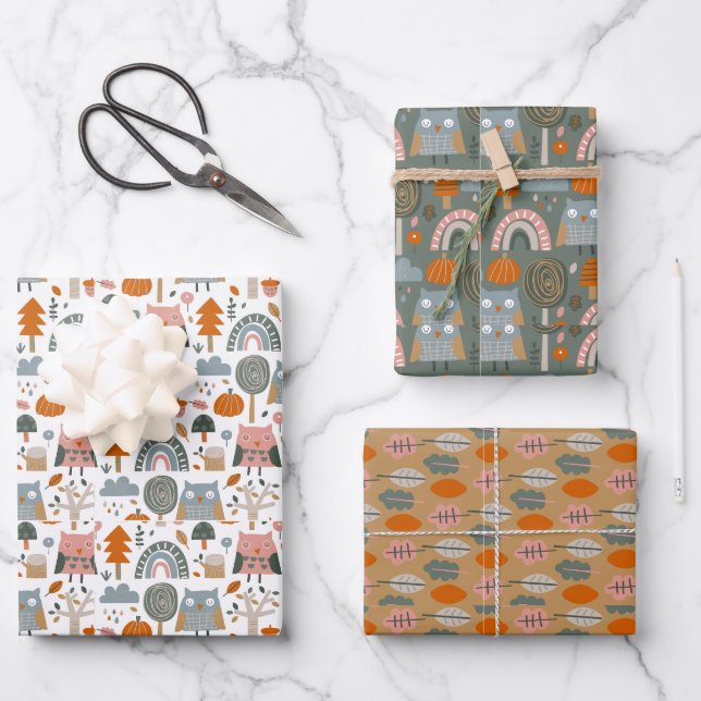 Fall Autumn Acorns Owls Wrapping Paper Sheets (Front)