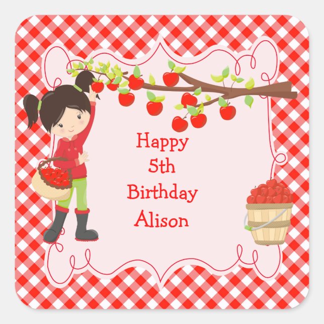 Fall Autumn Apple Picking Black Hair Birthday Square Sticker (Front)