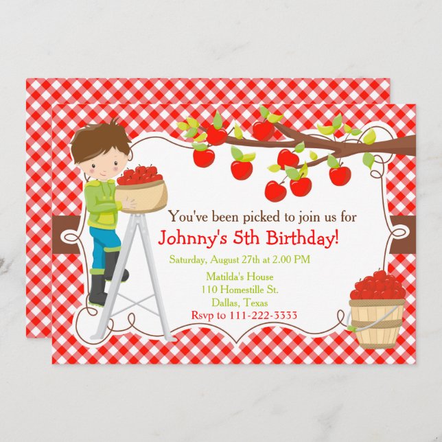 Fall Autumn Apple Picking Brunette Birthday Invitation (Front/Back)