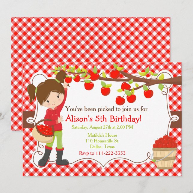 Fall Autumn Apple Picking Brunette Birthday Invitation (Front/Back)