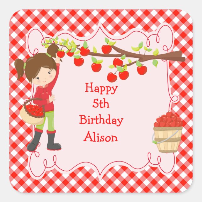 Fall Autumn Apple Picking Brunette Birthday Party Square Sticker (Front)