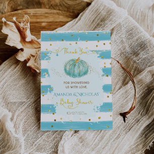 Fall Autumn Baby Shower Blue Pumpkin Thank You Card