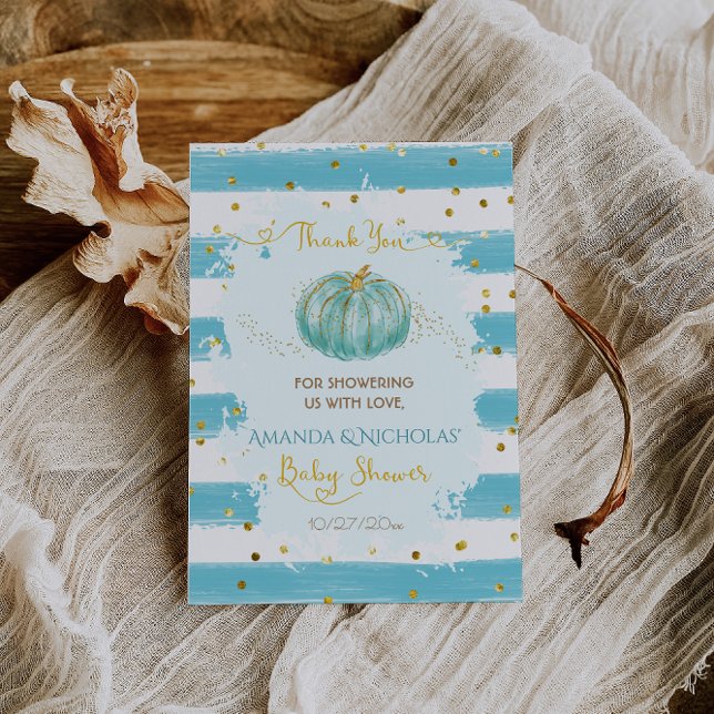 Fall Autumn Baby Shower Blue Pumpkin Thank You Card (Creator Uploaded)