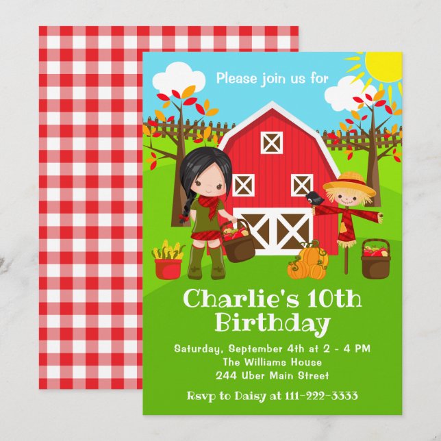 Fall Autumn Barnyard Birthday Black Hair Girl Invitation (Front/Back)