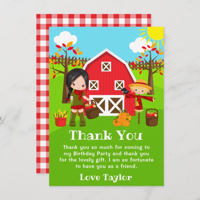 Fall Autumn Barnyard Birthday Black Hair Girl Thank You Card (Front/Back)