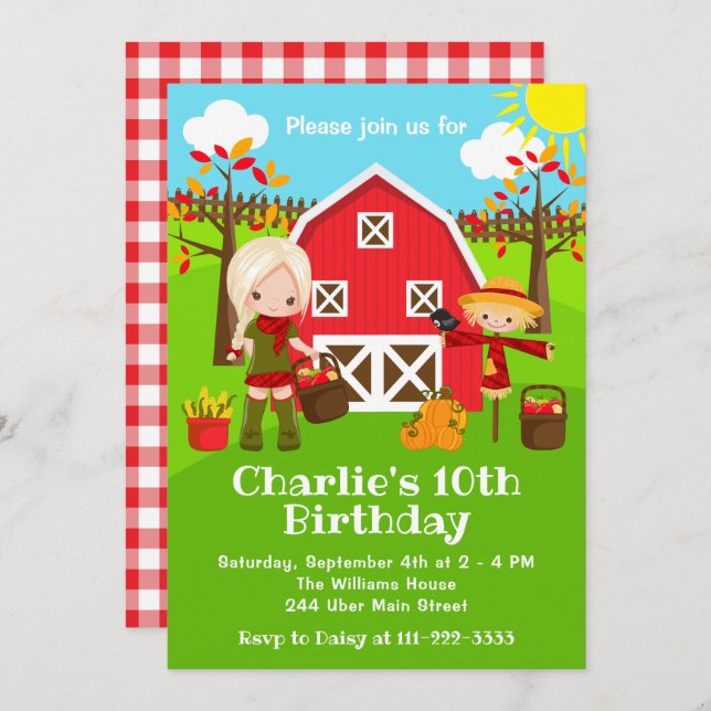 Fall Autumn Barnyard Birthday Blonde Hair Girl Invitation (Front/Back)