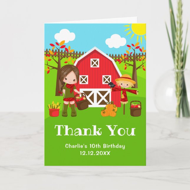 Fall Autumn Barnyard Birthday Brown Hair Girl Thank You Card (Front)