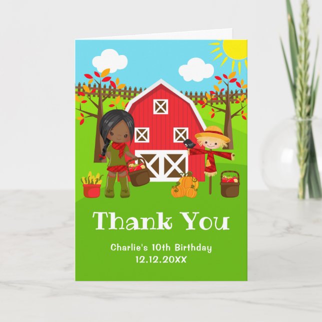Fall Autumn Barnyard Birthday Dark Skin Girl Thank You Card (Front)