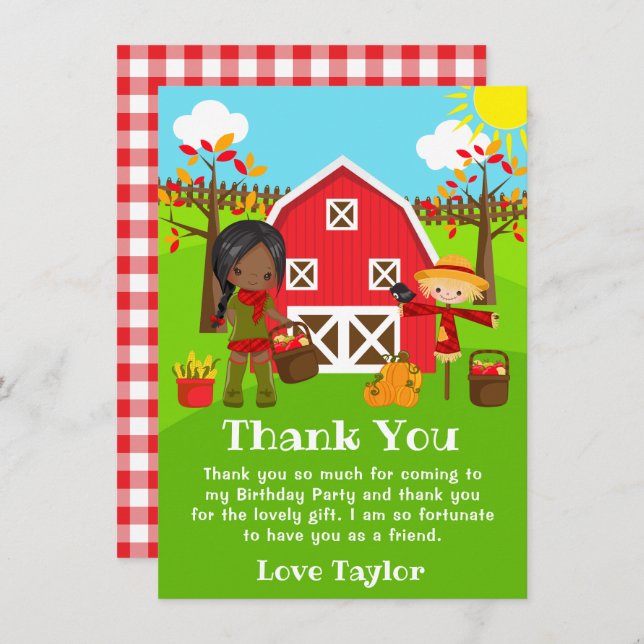 Fall Autumn Barnyard Birthday Dark Skin Girl Thank You Card (Front/Back)