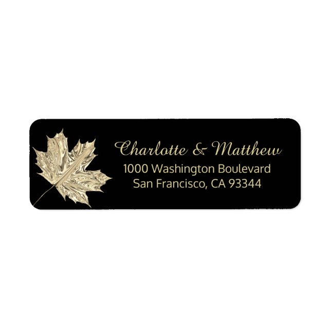 Fall Autumn Black Gold Leaf Wedding Return Address Label (Front)