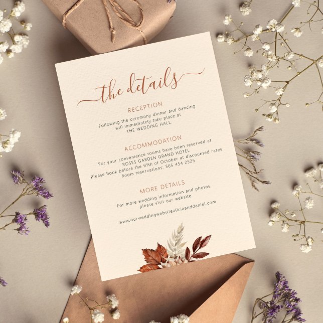 Fall autumn boho leaves wedding details ivory enclosure card (Creator Uploaded)