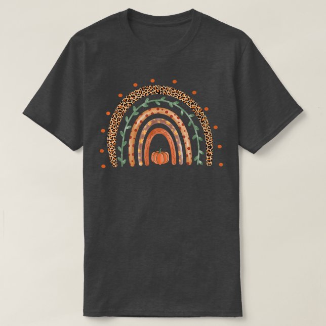 Fall Autumn Boho RainbowLeopardLeavesThanksgiving  T-Shirt (Design Front)