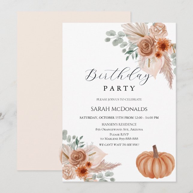 Fall Autumn Boho Woman Birthday Invitation (Front/Back)