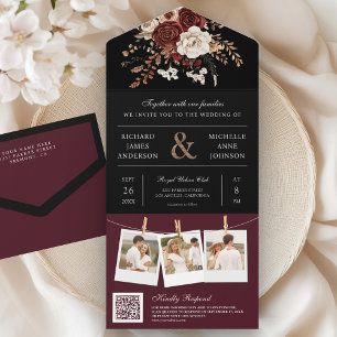 Fall Autumn Burgundy Floral QR Code Black Wedding All In One Invitation