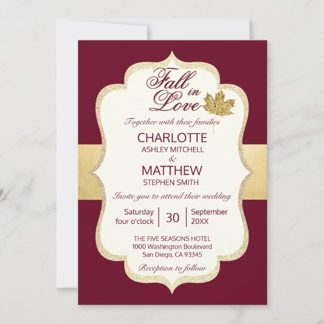 Fall Autumn Burgundy Gold FALL IN LOVE Wedding Invitation (Front)