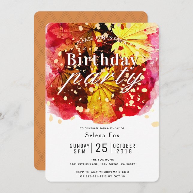 Fall / Autumn Colour Leaves Birthday Invitation (Front/Back)