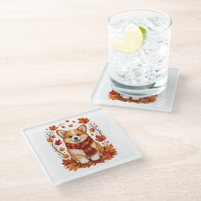 Fall Autumn Corgi Dog Cosy Glass Coaster (Angled)