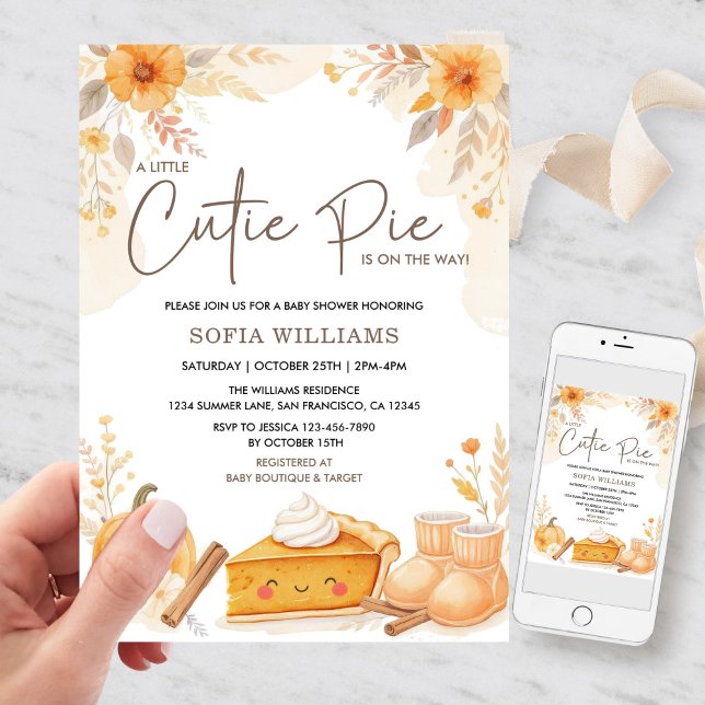 Fall Autumn Cutie Pie Pumpkin Baby Shower Invitation (Fall Baby Shower Invitation with Pumpkin Pie and Cinnamon Accents)
