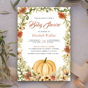 Fall Autumn Earthy Floral Pumpkin Baby Shower Invitation
