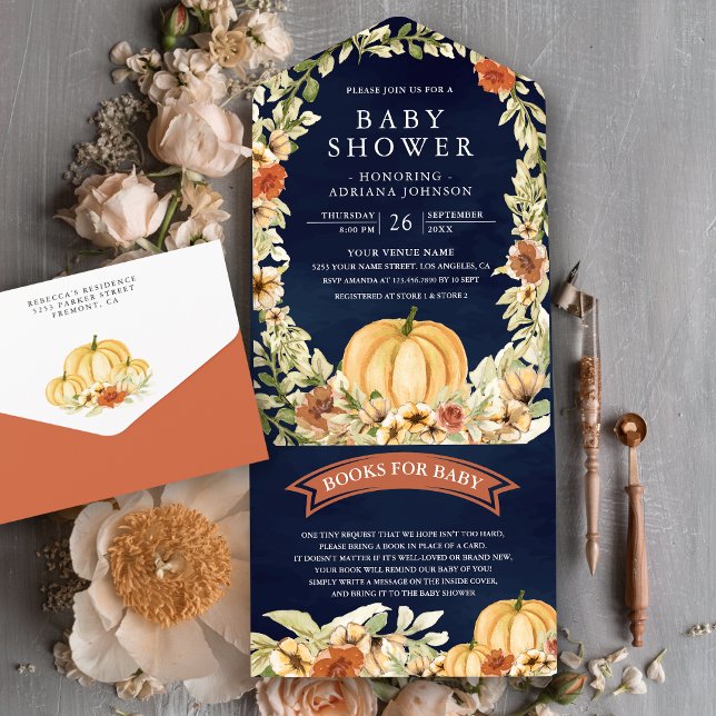 Fall Autumn Earthy Floral Pumpkin Navy Baby Shower All In One Invitation (Creator Uploaded)