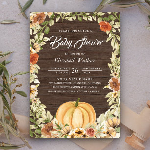 Fall Autumn Earthy Floral Pumpkin Wood Baby Shower Invitation