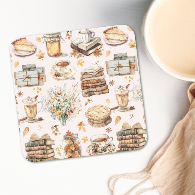 Fall Autumn Favourite Essential Aesthetic Pattern Square Paper Coaster (In situ)