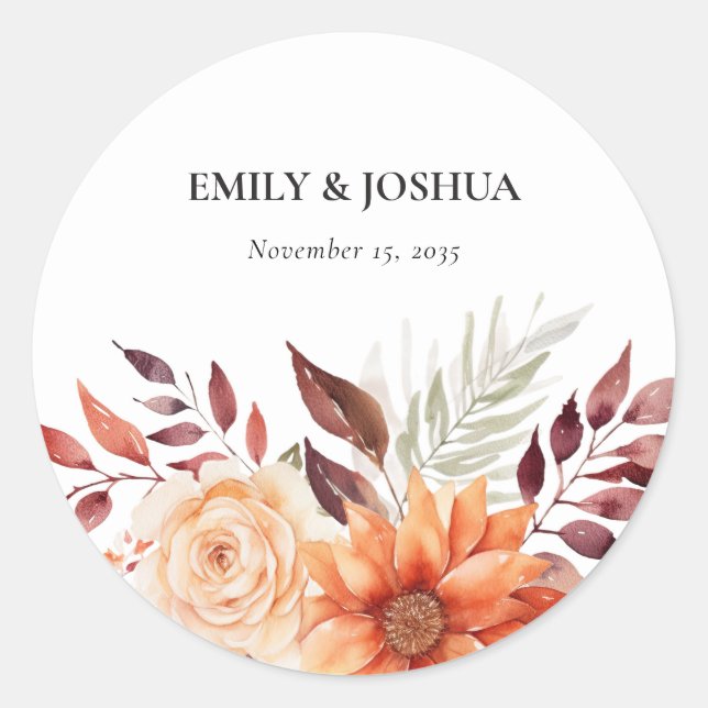 Fall Autumn Floral Boho Wedding Classic Round Sticker (Front)