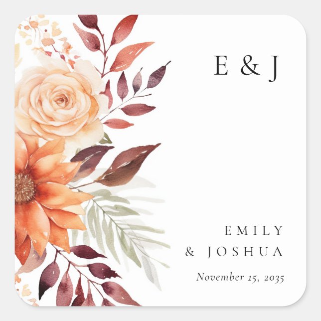 Fall Autumn Floral Boho Wedding Square Sticker (Front)