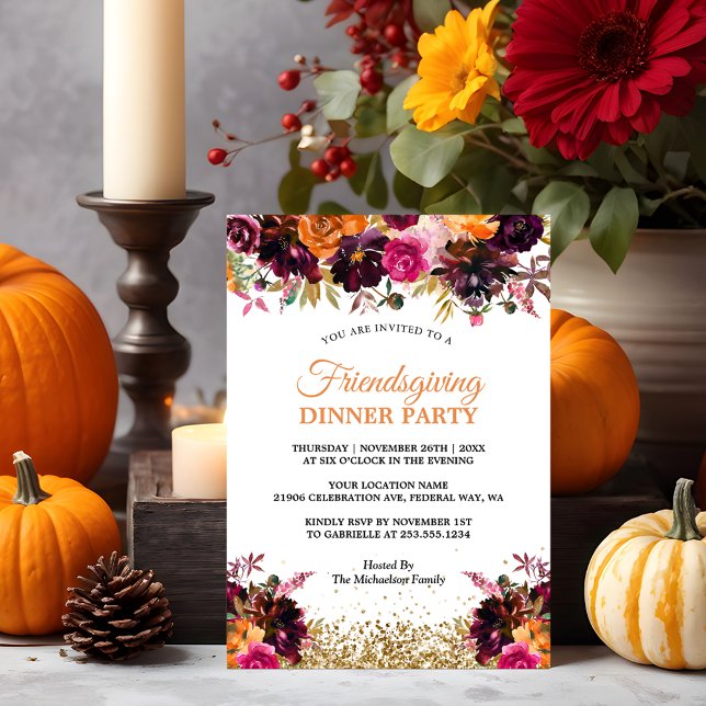 Fall Autumn Floral Gold Glitter Friendsgiving Invitation (Fall Autumn Floral Gold Glitter Friendsgiving Invitation
)