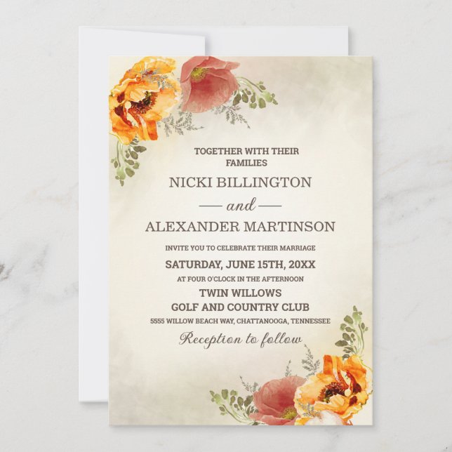 Fall Autumn Floral Greenery Burnt Orange Wedding Invitation (Front)