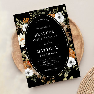 Fall Autumn Floral Monogram Moody Black Wedding  Invitation