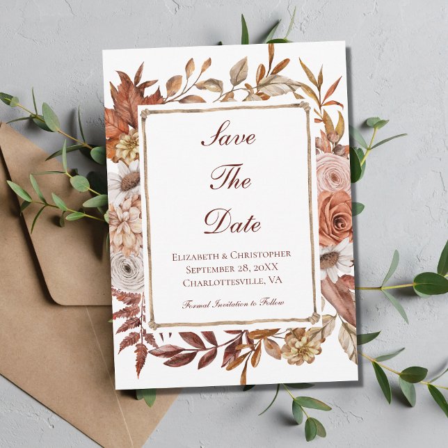 Fall Autumn Floral Peach Brown Rust Wedding  Save The Date (Creator Uploaded)