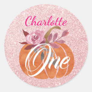 Fall Autumn Floral Pumpkin 1st Birthday Rose Gold Classic Round Sticker