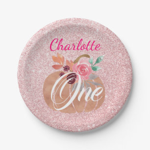 Fall Autumn Floral Pumpkin 1st Birthday Rose Gold Paper Plate