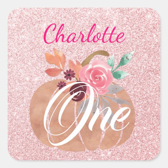 Fall Autumn Floral Pumpkin 1st Birthday Rose Gold Square Sticker (Front)