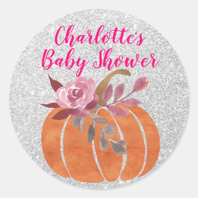 Fall Autumn Floral Pumpkin Baby Shower Pink Silver Classic Round Sticker (Front)
