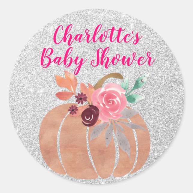 Fall Autumn Floral Pumpkin Baby Shower Pink Silver Classic Round Sticker (Front)