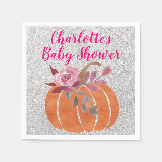 Fall Autumn Floral Pumpkin Baby Shower Pink Silver Napkin (Front)