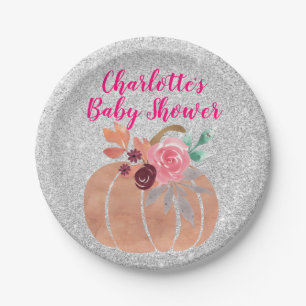 Fall Autumn Floral Pumpkin Baby Shower Pink Silver Paper Plate