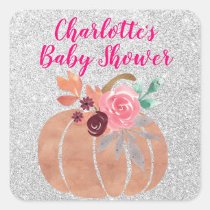 Fall Autumn Floral Pumpkin Baby Shower Pink Silver Square Sticker