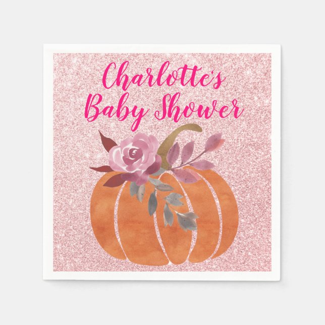 Fall Autumn Floral Pumpkin Baby Shower Rose Gold Napkin (Front)