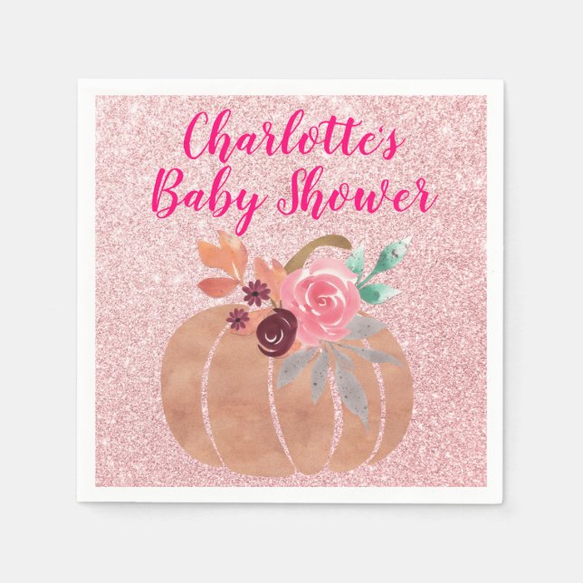 Fall Autumn Floral Pumpkin Baby Shower Rose Gold Napkin (Front)