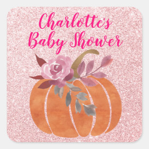 Fall Autumn Floral Pumpkin Baby Shower Rose Gold Square Sticker