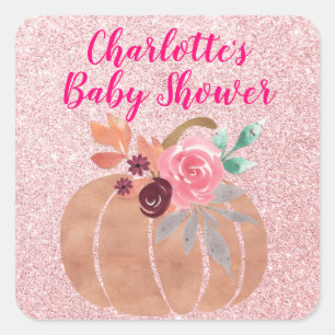 Fall Autumn Floral Pumpkin Baby Shower Rose Gold Square Sticker
