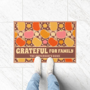 Fall Autumn Flowers & Pumpkins Boho Brown Plaid Doormat