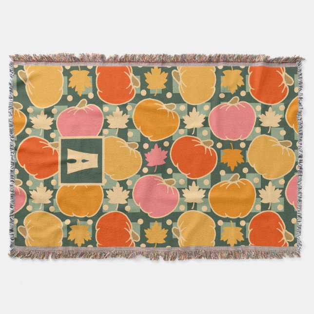 Fall Autumn Flowers & Pumpkins Boho Green Plaid Throw Blanket (Front)