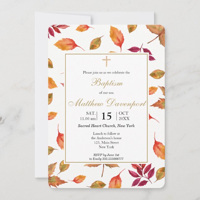 Fall Autumn foliage Baptism invitation (Front)