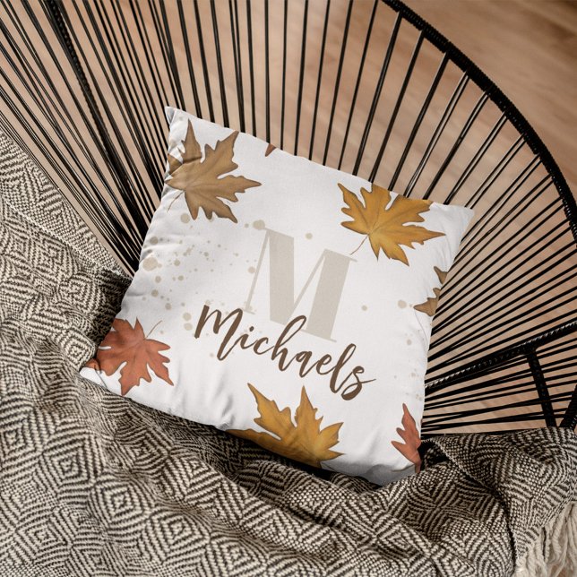 Fall Autumn Foliage Fall Leaves Monogram Simple  Cushion (Elegant simple Fall and Autumn leaves with monogram and name. )
